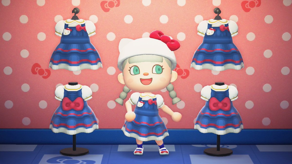 モル ハローキティなワンピースをつくったよ キティちゃんのブローチとリボンつきのフリフリジャンパースカート ハローキティな帽子とかと合わせてみてね あつまれどうぶつの森 あつ森 Acnh マイデザイン マイデザイン配布 Acnhdesign サンリオ