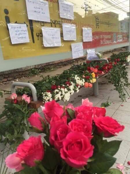 Nationwide Flower Strikes; Honoring all the 500+ fallen heroes, people place flowers at bus stops, public places, n in pagodas. May their souls rest in peace. Their sacrifice will always be remembered.

NEWS SUPPRESSION 
#Apr2Coup
#WhatsHappeningInMyanmar
#InternetShutdown