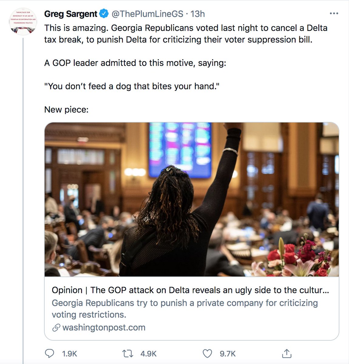 derekahunter's tweet photo. Democrats all talk about the "voter suppression bill" in Georgia, yet none ever detail exactly how it suppresses voters. They can't because the provisions in the law make it significantly easier to vote than it still is in Democrat-controlled states. https://t.co/vemK4Be64G