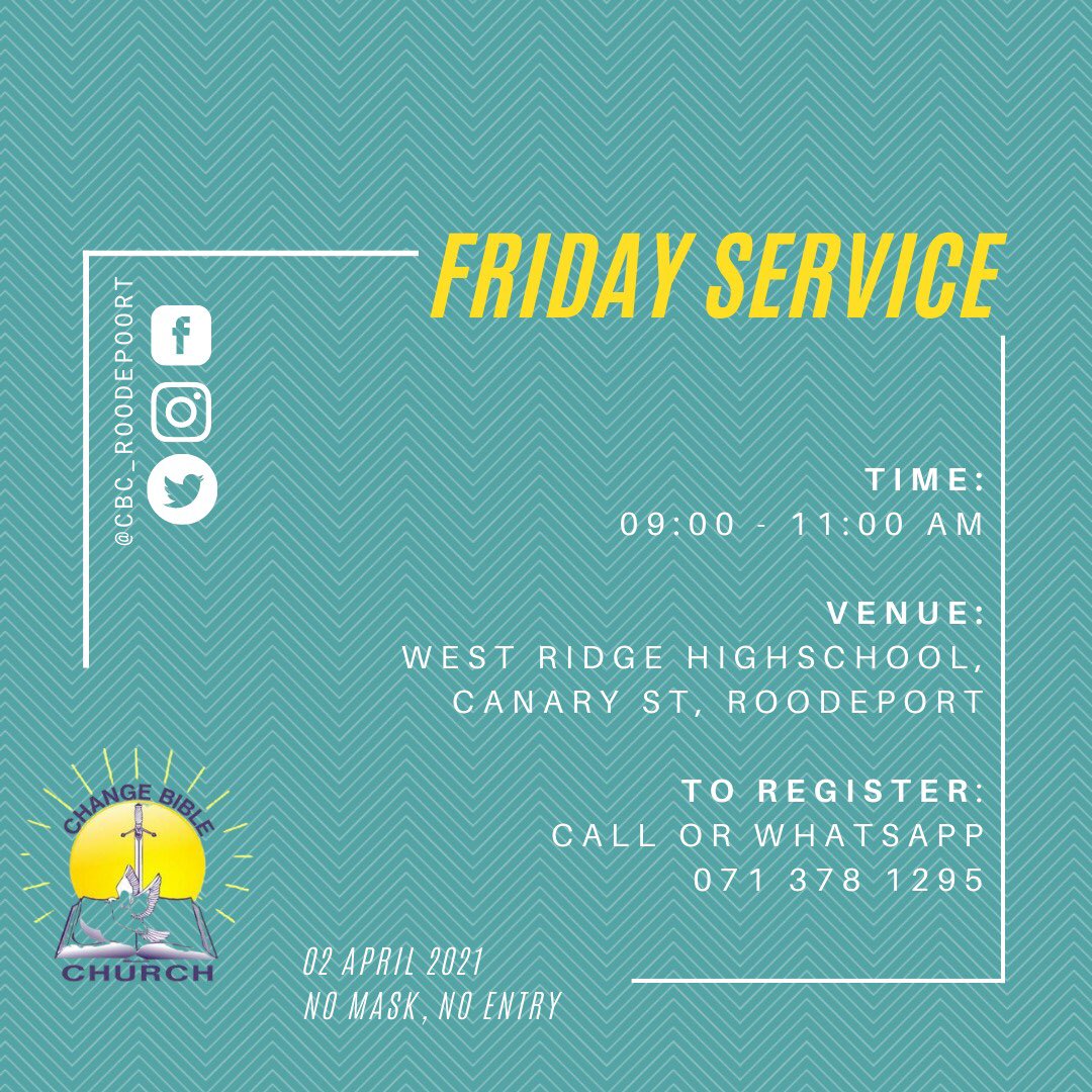 cbc_roodepoort's tweet photo. Join us as we celebrate the death and resurrection of our Lord Jesus Christ. The first service starts today. Details on the poster 🙌🏽 https://t.co/JGTZzUjizQ