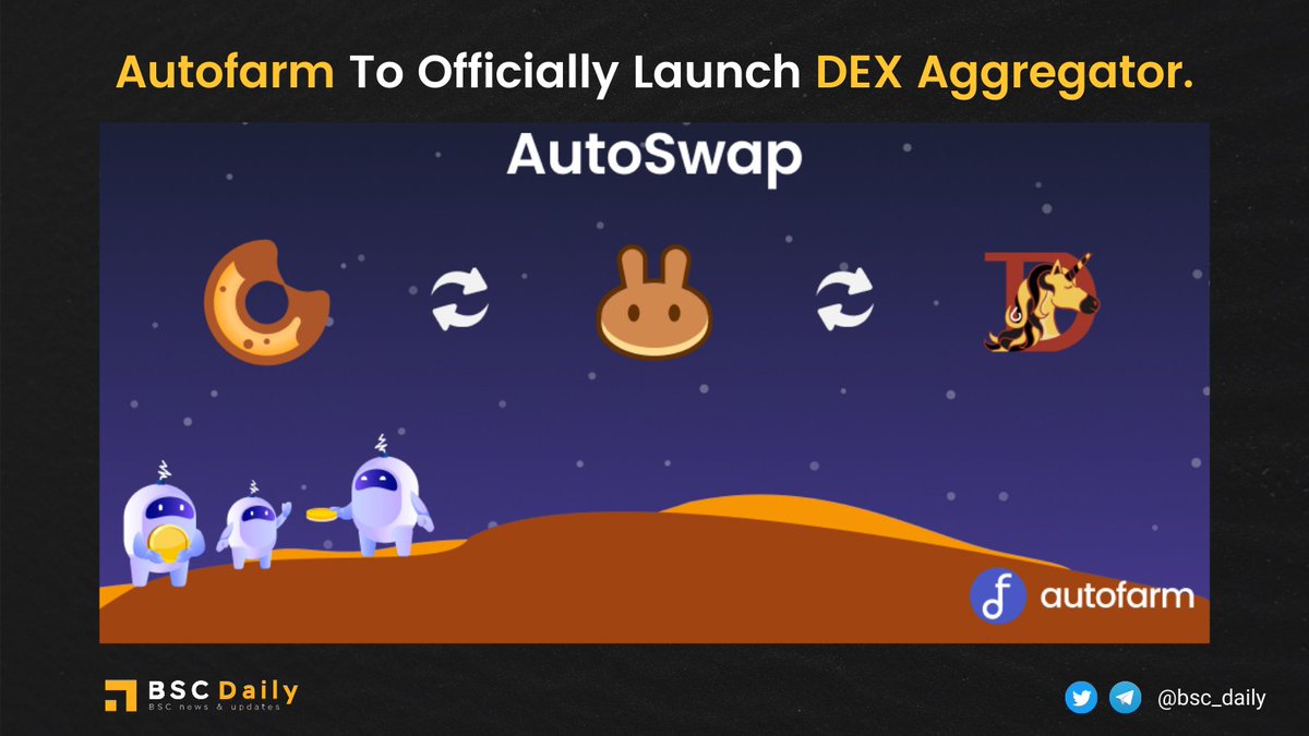 bsc_daily's tweet image. Say hello to @autofarmnetwork #BSC DEX aggregator 🎉

On #AutoSwap, users will be able to find the best prices &amp;amp; swap rates (with lowest slippage). At launch, you'll begin with liquidity from @PancakeSwap @bakery_swap &amp;amp; @JulSwap. More names to be called soon, stay tuned!