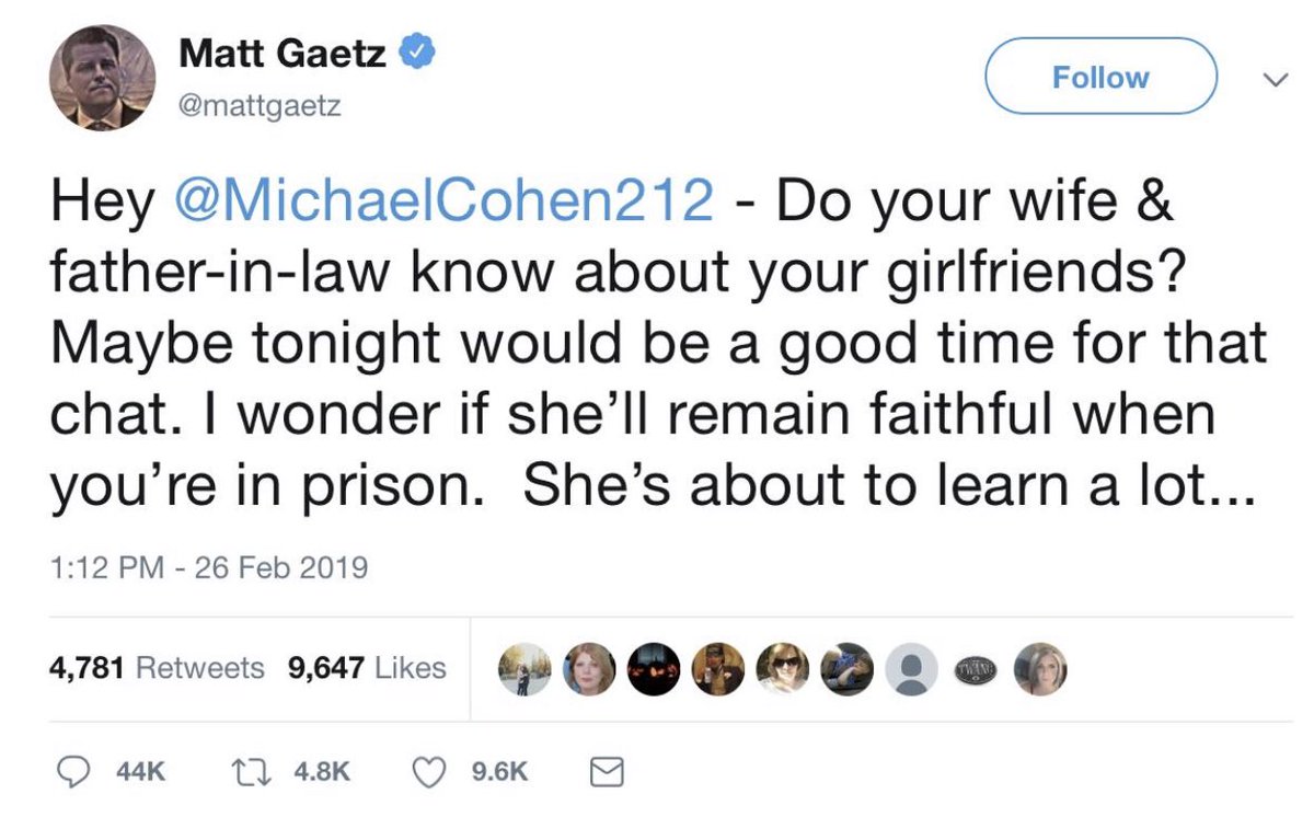 EdGreenberger's tweet photo. Who could’ve imagined a guy who tweeted a straight-up threat to a Congressional witness the night before he testified would turn out to be a less-than-stellar human? #GaetzResignNow https://t.co/Oebcx6mYBY