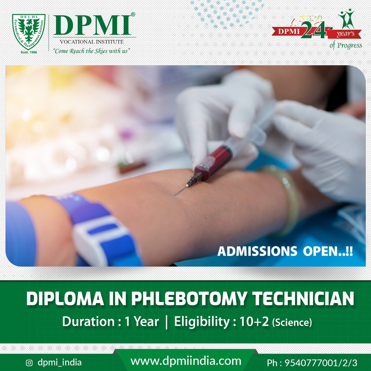 dpmi_india's tweet photo. DPMI offer Diploma/Certificate in Phlebotomy Technology (Blood collection centre in-charge) with expert faculty
Visit : https://t.co/Ti6agtNyXV
#DPMIPrograms #MedicalLabTechnician #EmergencyMedicalTechnician #PhlebotomyTechnician #PatientRelationAssociate #SanitaryHealthAide https://t.co/bz6HT7z195