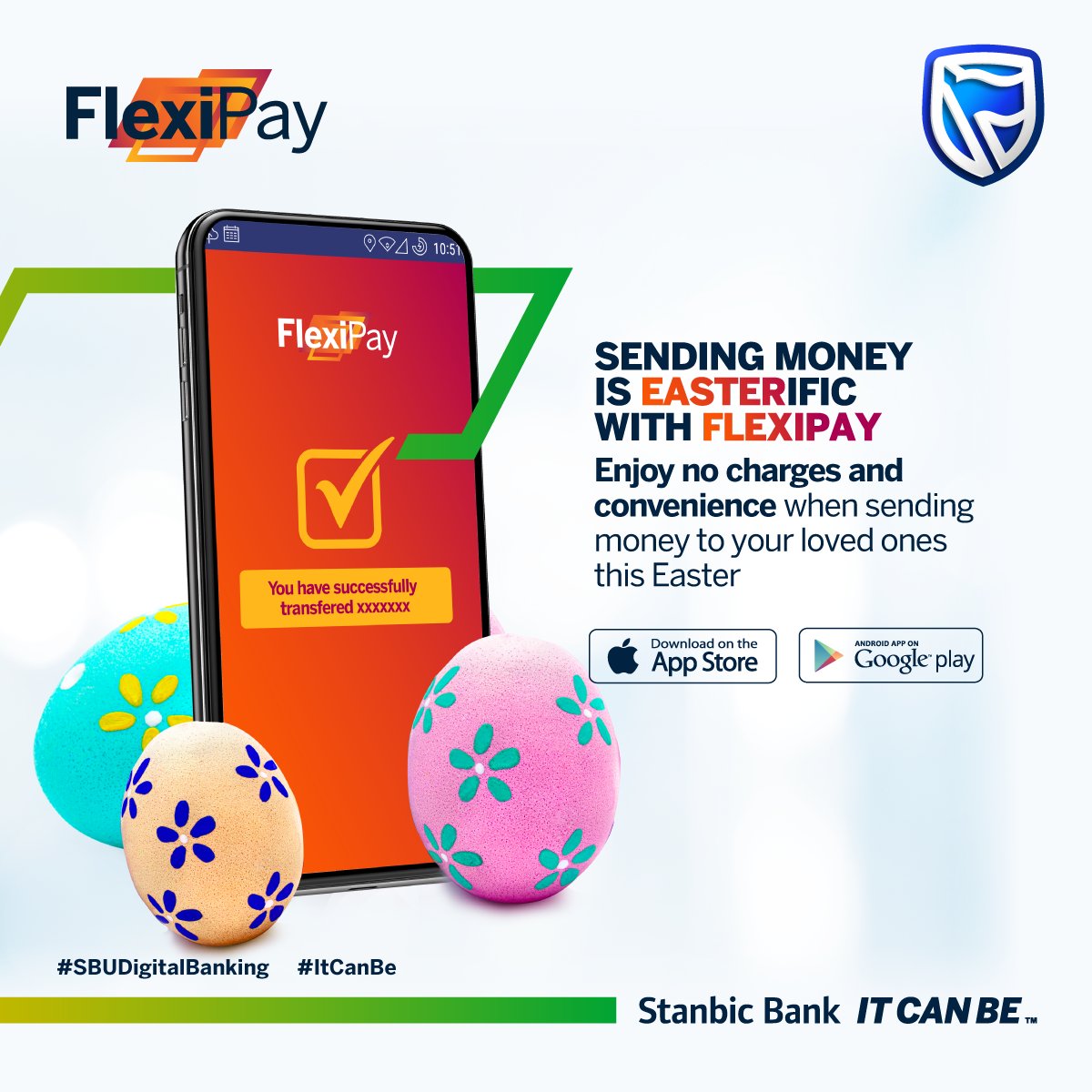 stanbicug's tweet photo. Save money this Easter! Send money to your loved ones for free with FlexiPay.
Download the FlexiPay App now.
Android: https://t.co/mZb1XVngkp
iOS: https://t.co/MM7acAkjfZ
#FlexiPay #LiveFree https://t.co/fouioYCGSG