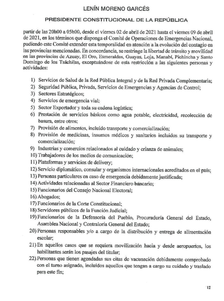 Lenin's tweet photo. He firmado Decreto 1282 declarando Estado de Excepción por 30 días en las provincias de Pichincha, Guayas, Manabí, Azuay, Loja, Santo Domingo, El Oro y Esmeraldas, con toque de queda del 2 al 9 de abril, desde las 20h00 hasta las 05h00.
¡La pandemia no termina, debemos cuidarnos! https://t.co/vfqAkBfNfO