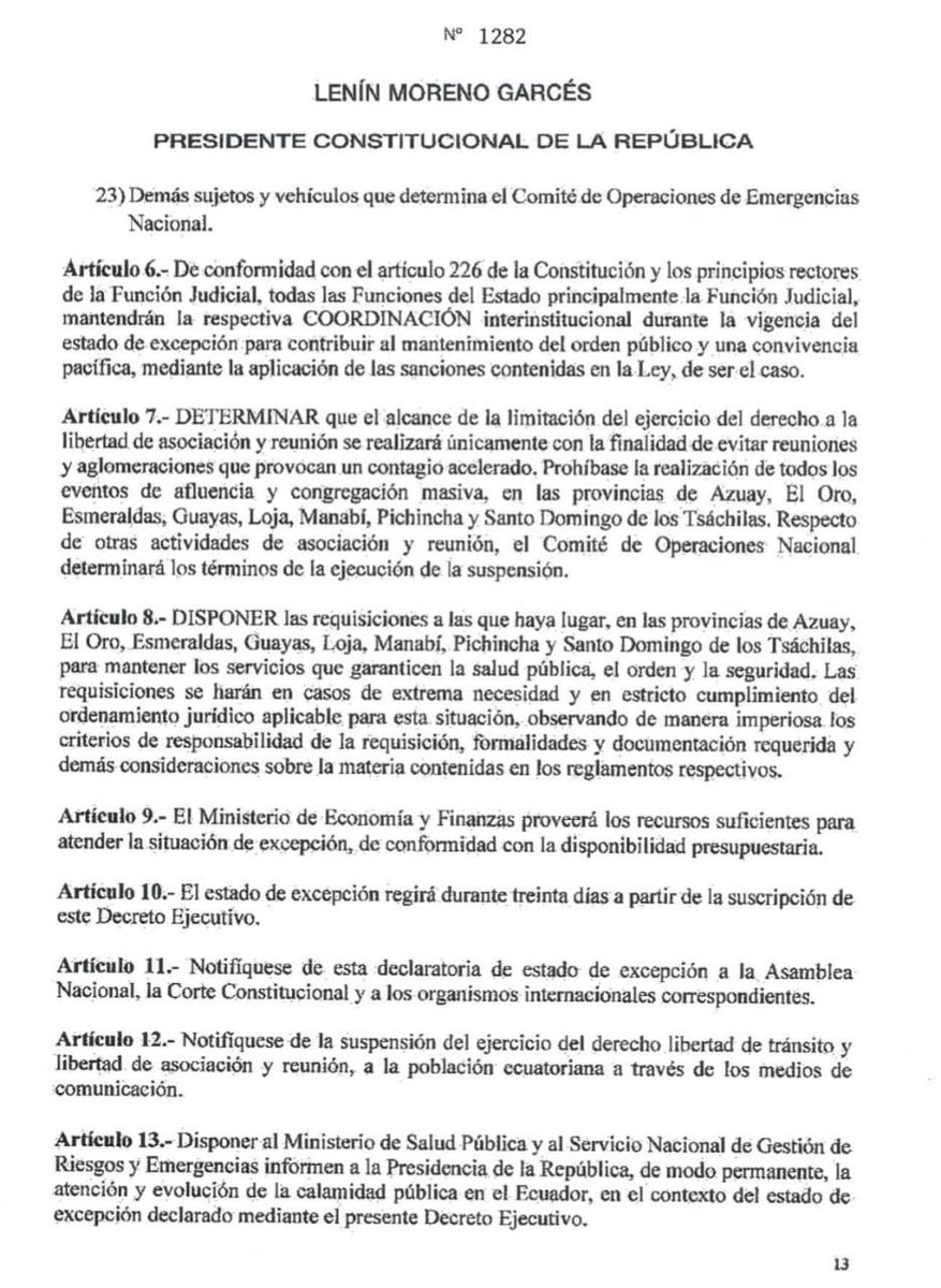 He firmado Decreto 1282 declarando Estado de Excepción por 30 días en las provincias de Pichincha, Guayas, Manabí, Azuay, Loja, Santo Domingo, El Oro y Esmeraldas, con toque de queda del 2 al 9 de abril, desde las 20h00 hasta las 05h00.
¡La pandemia no termina, debemos cuidarnos!