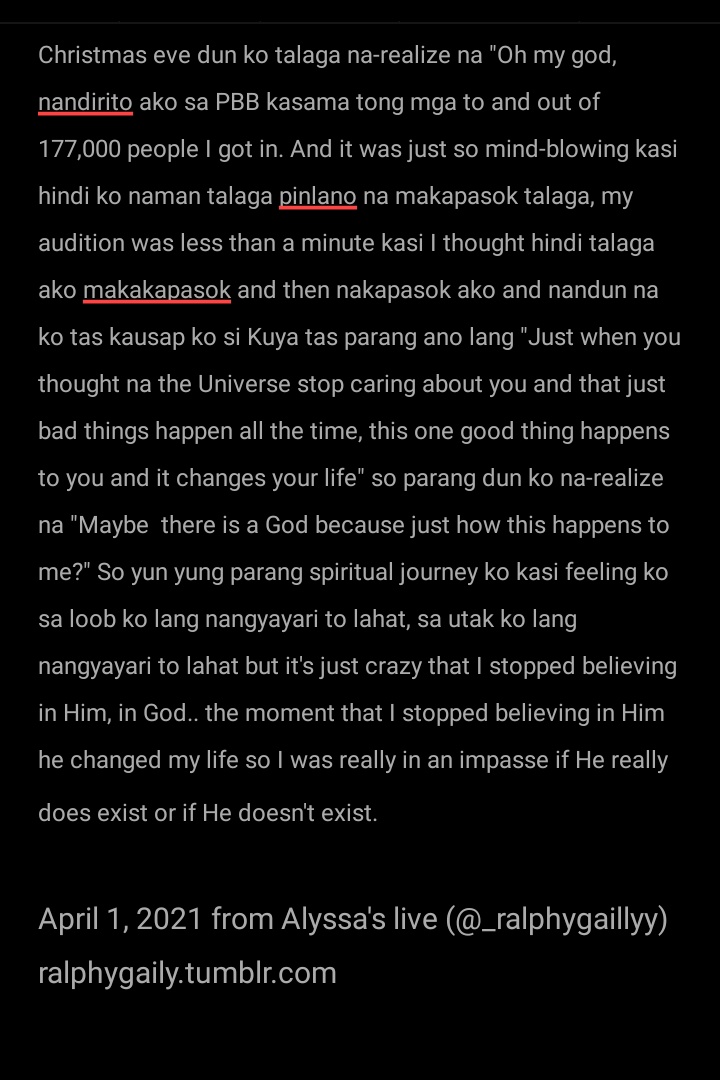 hell0jheny's tweet photo. (FULL TRANSCRIPT) April 1, 2021

ALYSSA talks about her non-belief of God and her eventual spiritual journey because of PBB @iamalyssaexala 

NT: If you have time, pls read this transcript or look for the video, I think this is really worthy of sharing for the Good Friday https://t.co/W2W22UxiP6