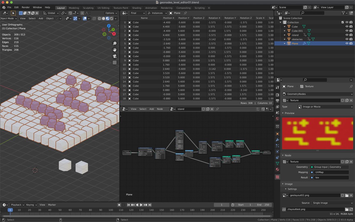 crow_cactus's tweet photo. Trying out #geometrynodes to generate tile map. The result is promising. Hopefully we can at least export the generated spreadsheet out so that we can use it in game engine. #blender #b3d #indiedev #indie #indiegame #gamedev #indiegames #godot #GodotEngine #windering https://t.co/AFBSynWiSq