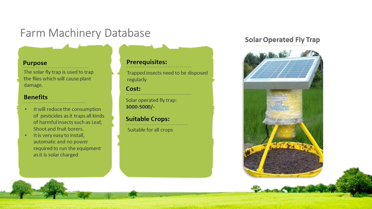 kamalkisan's tweet photo. Equipment 45 of #KKagrimachinerydatabase #Kkagriinfo is a solar-operated fly trap. Trap the harmful flies like a leaf, shoot and fruit borers without the use of pesticides with the solar-operated fly trap. Details below
#solartrap #nopesticides #insects #Agriculture #Farmers https://t.co/VyOW03Sd07
