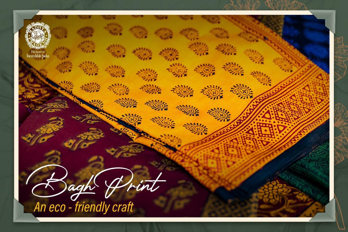 MPTourism's tweet photo. Bagh print, the age old tradition of block printing with natural colors is practised in the village of Bagh in Dhar district of Madhya Pradesh. Keeping the original technique intact, this print basically includes floral and geometrical patterns. 
#VocalForLocal #MPTourism (1/2) https://t.co/N0KTjaUSyX
