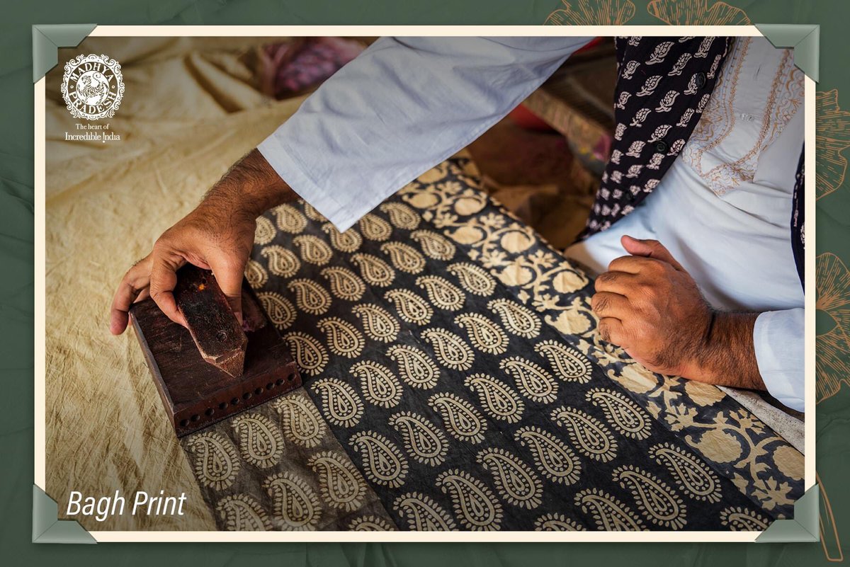 MPTourism's tweet photo. Bagh print, the age old tradition of block printing with natural colors is practised in the village of Bagh in Dhar district of Madhya Pradesh. Keeping the original technique intact, this print basically includes floral and geometrical patterns. 
#VocalForLocal #MPTourism (1/2) https://t.co/N0KTjaUSyX