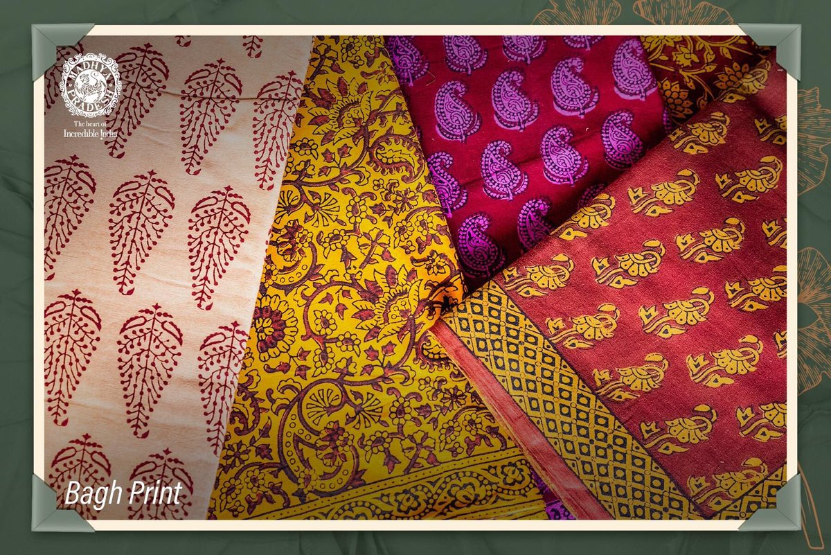 MPTourism's tweet photo. Bagh print, the age old tradition of block printing with natural colors is practised in the village of Bagh in Dhar district of Madhya Pradesh. Keeping the original technique intact, this print basically includes floral and geometrical patterns. 
#VocalForLocal #MPTourism (1/2) https://t.co/N0KTjaUSyX