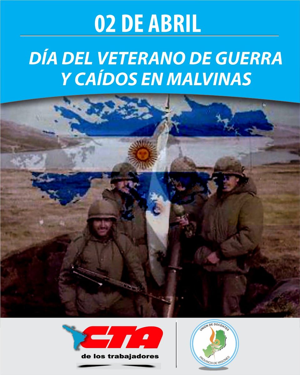 2 de Abril día del Veterano de guerra y caídos en Malvinas!!!! 
#HeroesDeMalvinas 
<a href="/grillo141/">Ruben Dario</a> <a href="/udpm_misiones/">UDPM</a> <a href="/crisdavidsen/">Cristian Davidsen</a> <a href="/Marcos42866602/">Marcos Caballero</a> <a href="/AgueroDiegoMart/">Diego Agüero</a> <a href="/martin_monzonn/">martin monzon</a> <a href="/HctorMontejano6/">Héctor Alejandro Montejano</a>  <a href="/DeliaRRodriguez/">Delia Rodriguez</a> <a href="/bigalke_noelia/">Noelia Bigalke</a> <a href="/alfesepul/">𝔸𝕝𝕖𝕛𝕒𝕟𝕕𝕣𝕠 𝔽. 𝕊𝕖𝕡𝕦𝕝𝕧𝕖𝕕𝕒</a> <a href="/ELCESARDELARADI/">DANIEL LUBACZEWSKI</a>