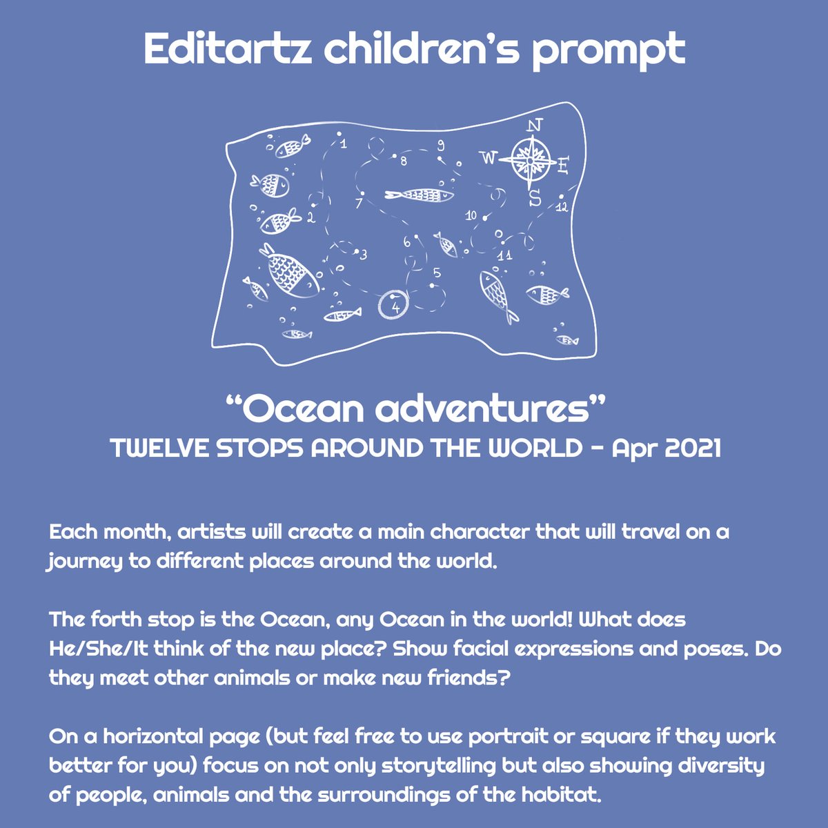editartz's tweet photo. Children's Prompt - April 2021
"Ocean Adventures"
The fourth stop on our TWELVE STOPS AROUND THE WORLD is the Ocean!
#editartz #illustrationprompts #portfolioillustration #kidlit #illustration #childrensbook #editartz #editartzplanet #artpromopt https://t.co/xAwuSvLi7r