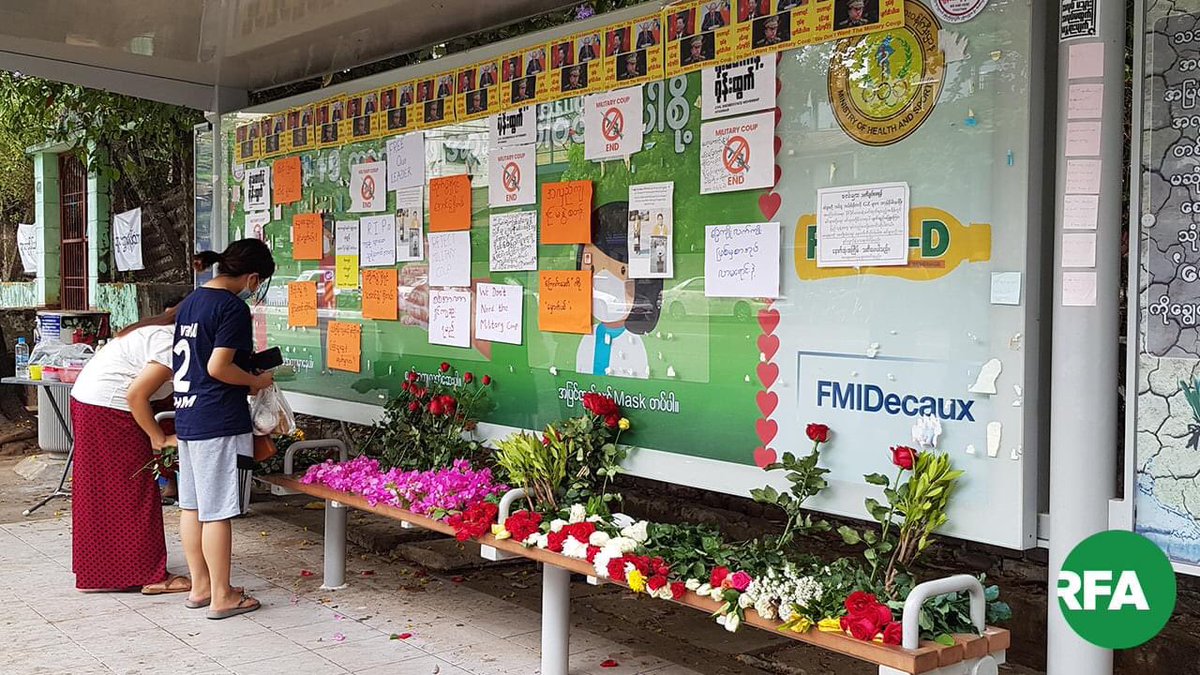 YinMin68309575's tweet photo. Flower Strike is making in most of the bus stop in Yangon for the people who died because of Junta. 
#WhatsHappeningInMyanmar 
#Apr2Coup
@freya_cole 
@YangheeLeeSKKU 
@SchranerBurgen1 
@RapporteurUn 
Please save Myanmar 
Please R2P https://t.co/BKy4GAuG0g