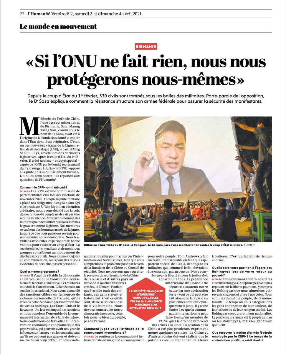 KaungMoun's tweet photo. Dr Sasa's Interview printed in L'Humanité Newspaper, which is a French daily newspaper https://t.co/i1FKOSpUDw
