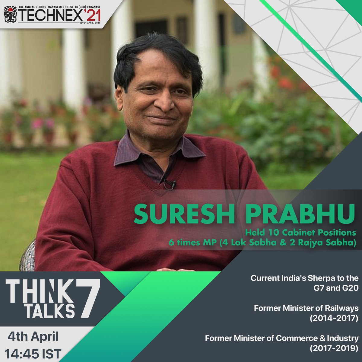 technexiitbhu's tweet photo. Technex'21 is proud to announce that Goud Saraswat Brahmin Samaj Maharatha Awardee Suresh Prabhu @sureshpprabhu will be joining us as a luminary for the Think Talk event.
From a CA to the Union Minister of Railways to India's Sherpa to the G20, his journey was inspiring. https://t.co/heKZKCSG1V