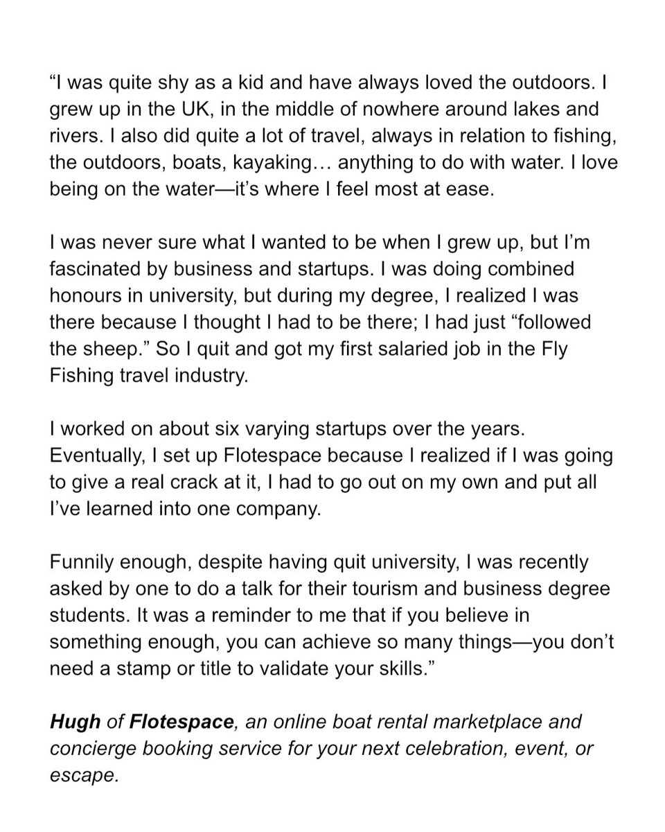 shirtsofstartup's tweet image. “I was quite shy as a kid and have always loved the outdoors. I grew up in the UK, in the middle of nowhere around lakes and rivers...”

Featured: Hugh of @FlotespaceBoats

#founderstory #shirtsofstartups #boatlife #entrepreneur