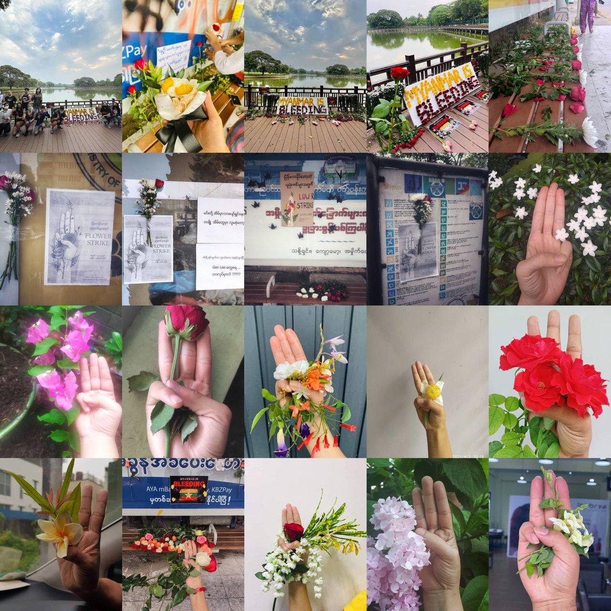 HunnieTreasure's tweet photo. Today in Myanmar, people did the “Flower Strike” to honor fallen heroes during spring revolution by placing flowers in public areas. May all the fallen souls rest in power. 
NEWS SUPPRESSION 
#Apr2Coup
#WhatsHappeningInMyanmar
#InternetShutdown https://t.co/3eiHy61xDr