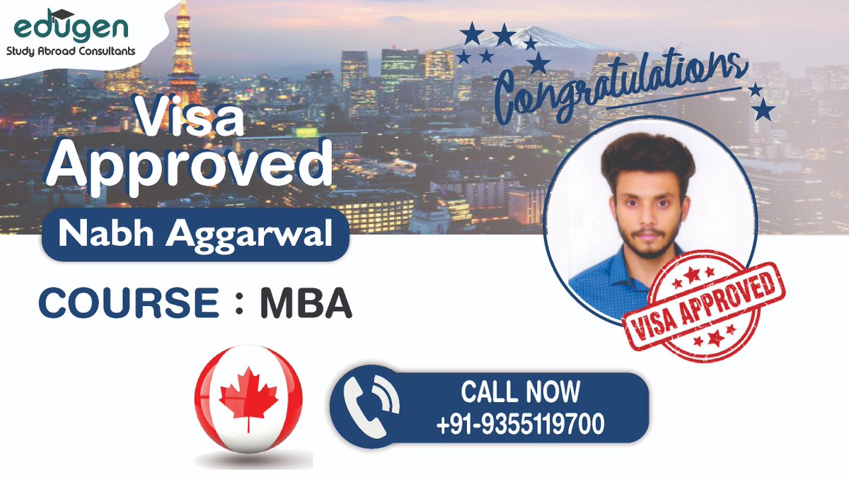 🎉Congratulations Nabh Aggarwal on getting your #VISAApproved👍 and gaining a well-deserved opportunity to pursue👨‍💼 #MBA from #Canada!
Visit Here - edugenstudy.com
#Study #studyvisaexpert #canadavisa #visasuccesstory #studentvisa #overseaseducation #edugen