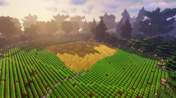 A farm in the middle of a forest containing all sorts of crops