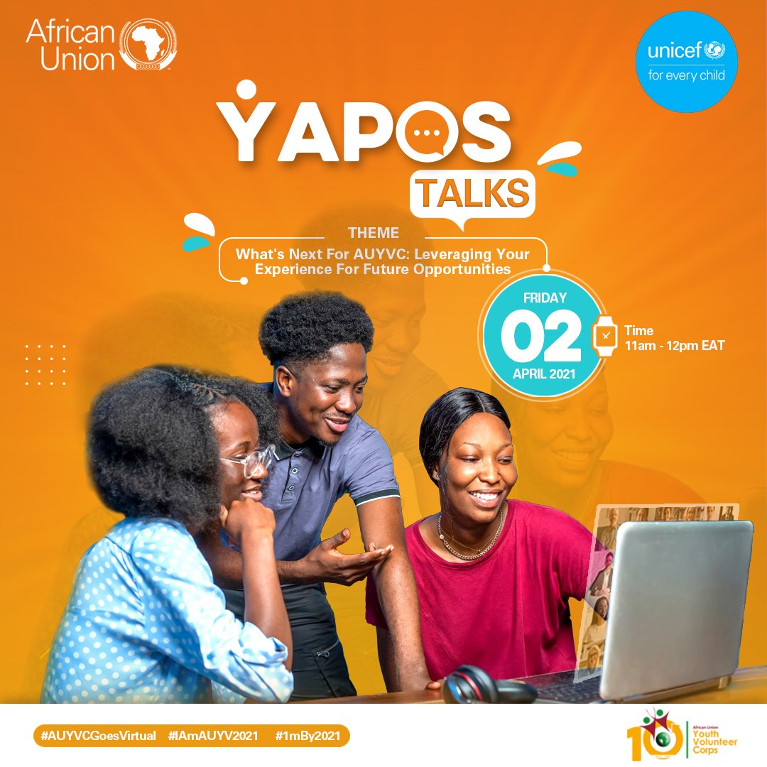 AUYouthProgram's tweet image. Mark your Calendar 📍
Few hours to the maiden edition of the #YTalks2021 series. Make sure to register here:bit.ly/YAPOSTalks1
Do not forget to share within your other networks. #1mBy2021 #AUYVCGoesVirtual