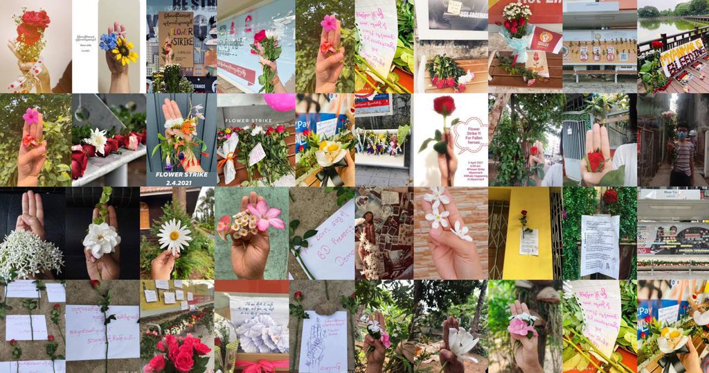 Today in Myanmar, people did the “Flower Strike” to honor fallen heroes who can never come back home during spring revolution by placing flowers in public areas. May all the fallen souls rest in power. 
NEWS SUPPRESSION 
#Apr2Coup
#WhatsHappeningInMyanmar
#InternetShutdown