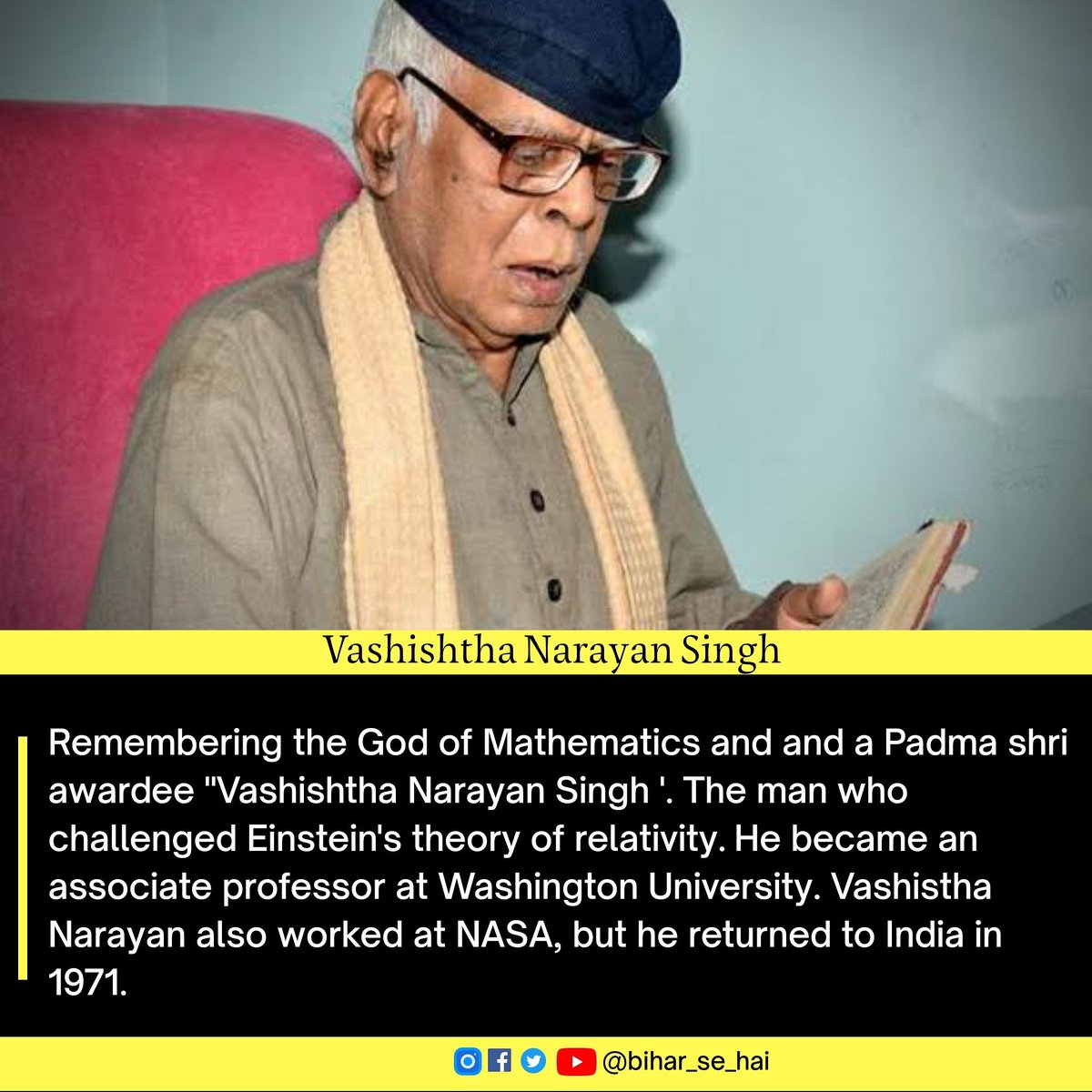 Bihar_se_hai's tweet photo. Remembering the Maths legend , born in Basantpur Bihar on his birth anniversary.
The Man who never got the respect he deserved when he was alive , got awarded Padma Shri posthumously.
.
.
.
#vashishthanarayansingh #maths #mathslegend #nasa #scientist #prodigy #bihari #professor https://t.co/b0o8KUCdAN