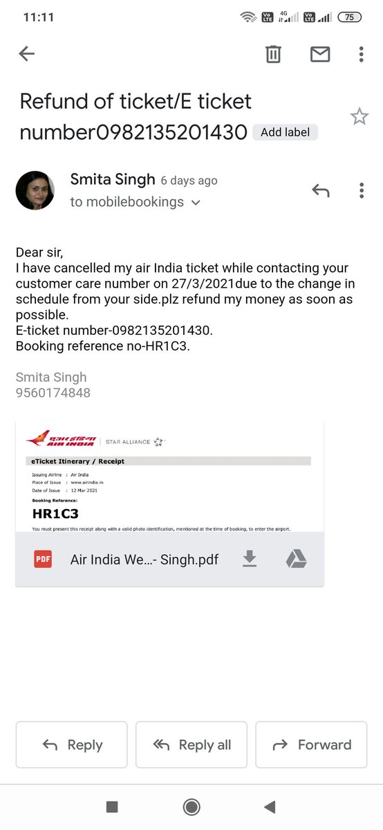 Smit14093's tweet photo. @airindiain @airindiain sharing the screenshot as well of the email.
I hope it would be processed asap and air India would improve its image in public domain. https://t.co/YzAwK6Kosm