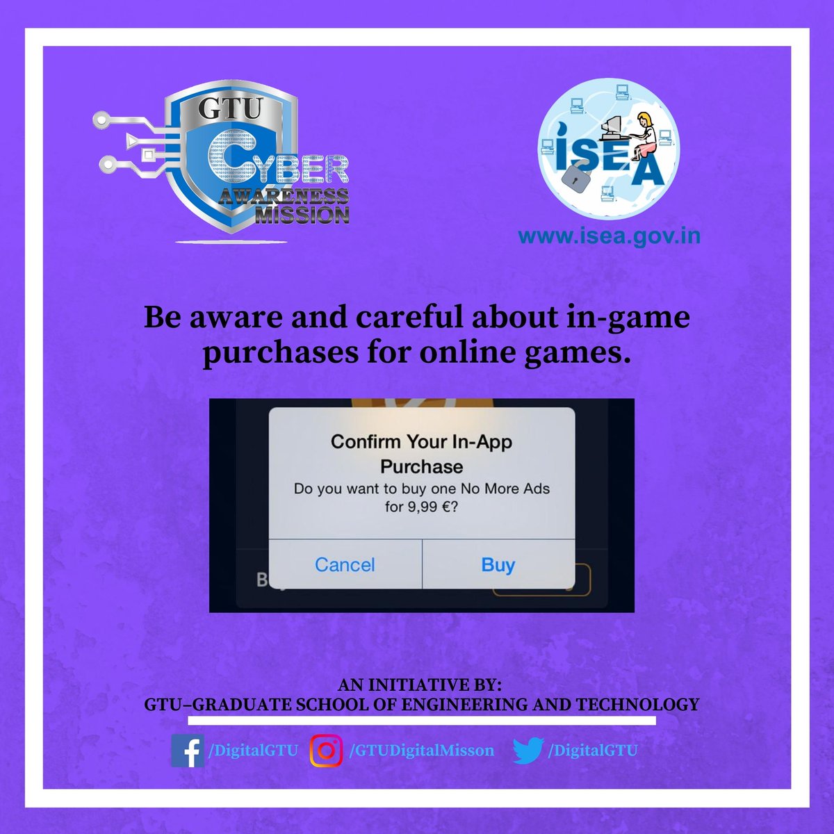 DigitalGtu's tweet photo. Always disable your in-app auto purchase option, set up a strong PIN for your wallet, and never share any personal details. #gtudigitalmission #esuraksha #cyber4people #cybersecurity #infosec #awareness #cybersec #ingamepurchase #onlinegaming @InfoSecAwa @cdacindia @Cyberdost https://t.co/KcU4TqcGLg
