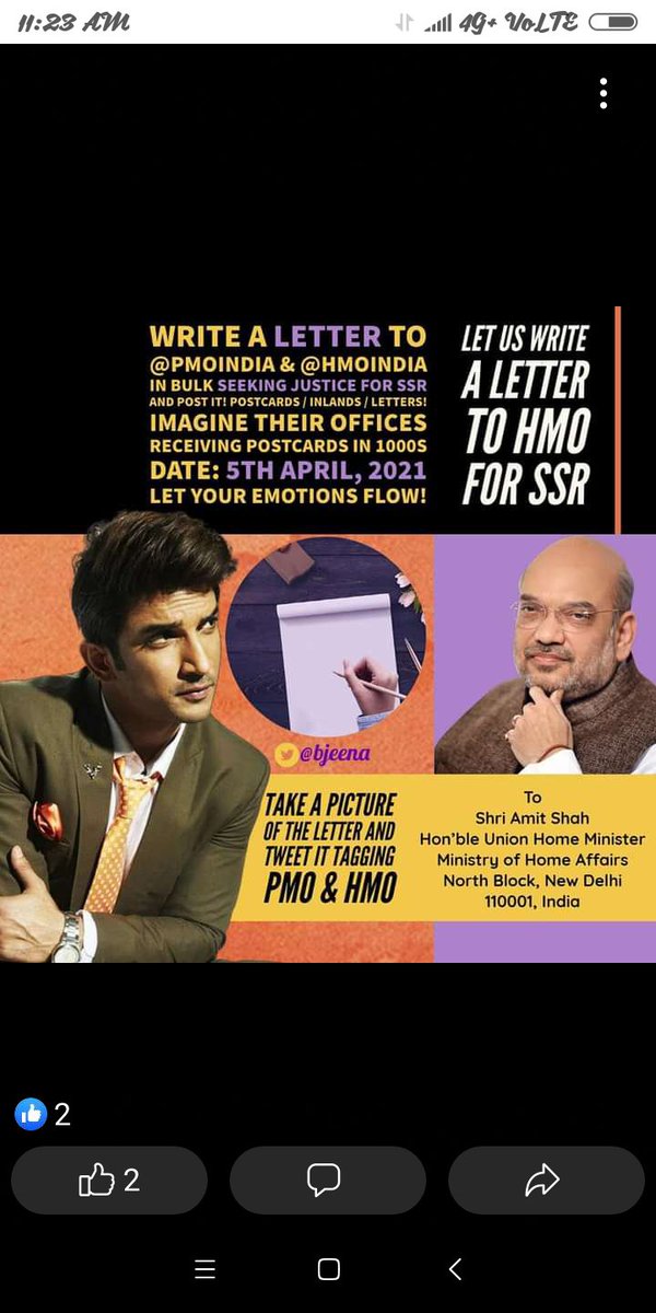 ArnabgoswamiFa6's tweet photo. @smitaparikh2 @_PreetiPandey @republicindia_ @GHiwarkar Write a letter to @PMOIndia  and @HMOIndia  in bulk seeking 
Justice for SSR and post it! Postcards/ inlands/ letters ! Imagine their offices receiving the postcards in 1000s 
Date: 5 April 2021 
Let your emotions flow ! https://t.co/UtYGYFcPon