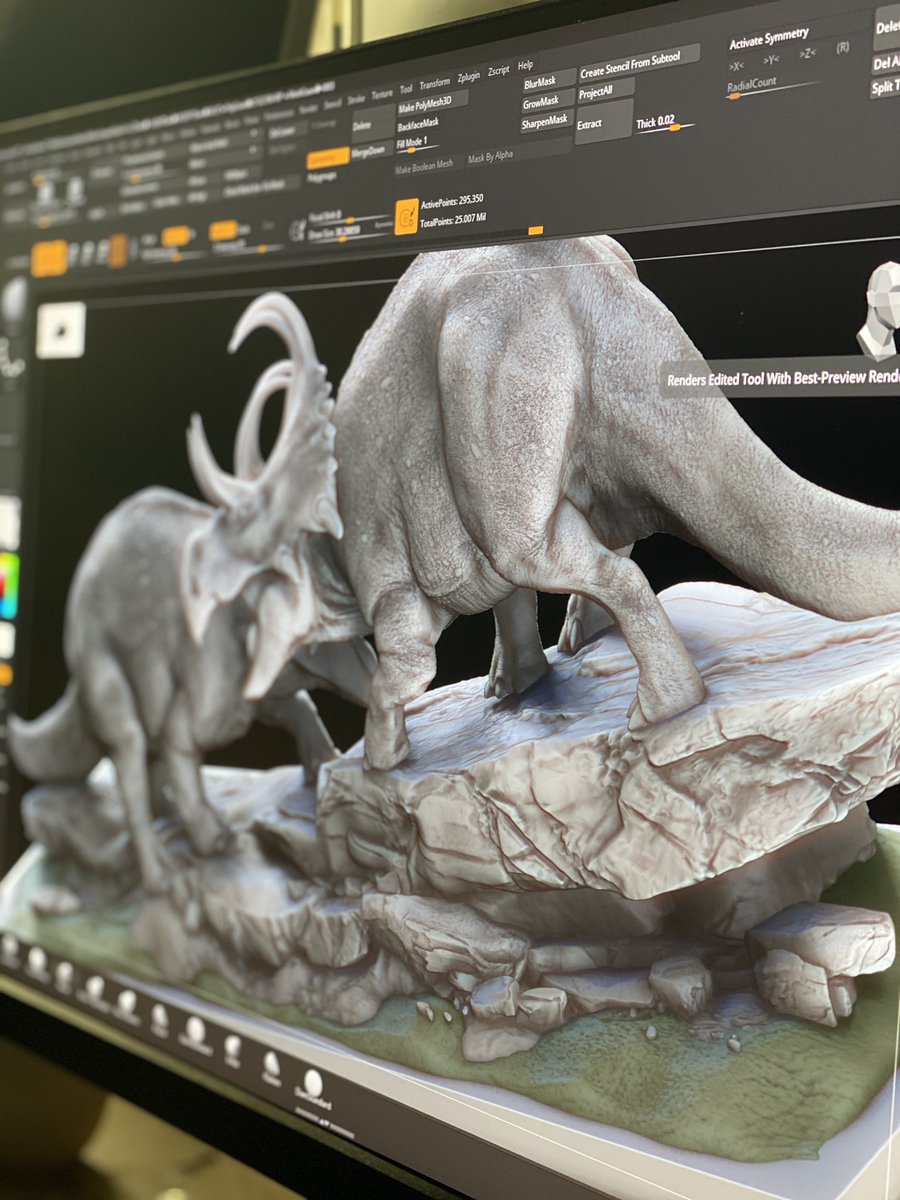 SouthernGFX's tweet photo. This piece is taking all my time. The sculpt and print test was easy but working out composition and pose for a fight scene is way harder for me. So many decisions from so many angles.
This is my first big piece using the new #xencelabs tablet and pens.
#machairoceratops https://t.co/vf7PKTlI71
