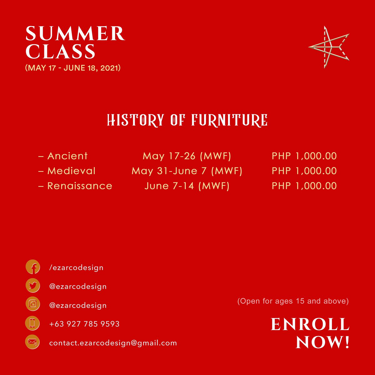 ezarcodesign's tweet photo. ‼️SUMMER CLASS: #History &amp; #Design‼️
 
Enrolment: March 16-May 16, 2021

Classes start on May 17-June 18, 2021

Open for ages 15 &amp; up

Fill up this form to enroll: https://t.co/CKOmwxEpmm

#EzarCoDesign #SummerClass #summer #OnlineClass #quarantine #essentials #Covid19PH #ecq https://t.co/97DfAP4Cxg