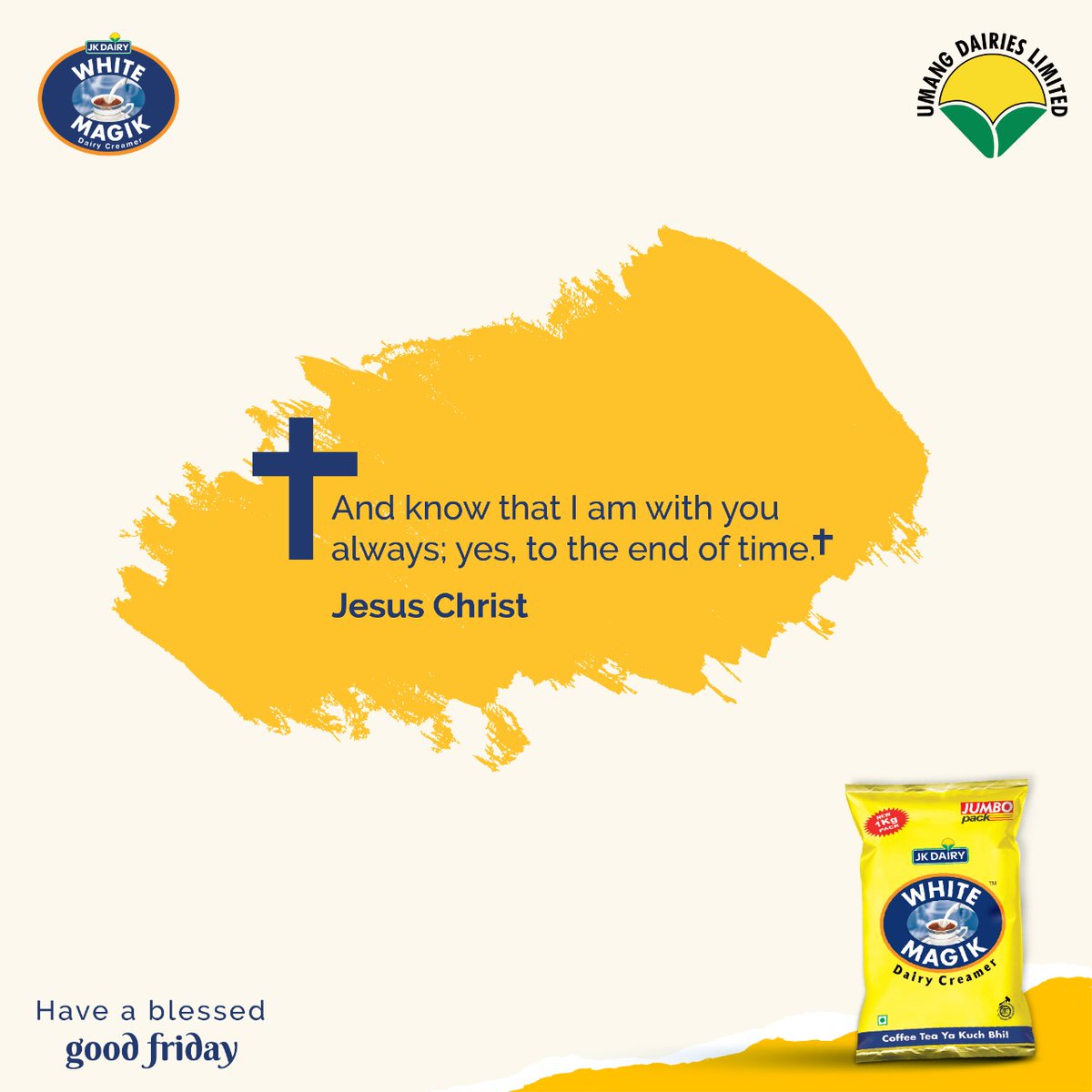 UmangLtd's tweet photo. May the Lord always keeps you safe and surrounds your life with eternal love and happiness. Umang Dairy wishes you a blessed Good Friday!

#JKDairyTop #umangghee #topsmp #whiteMagik #GoodFriday
#MilkStar #Blessings https://t.co/wbqzHLNyC5