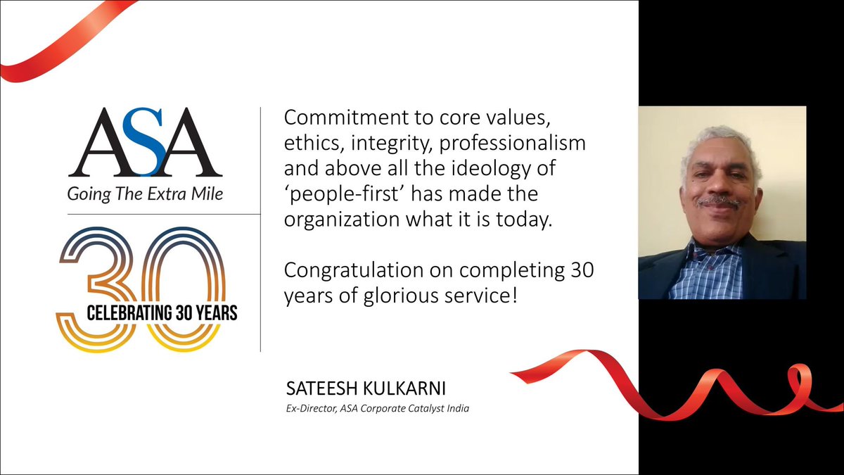 Thank you Sateesh Kulkarni for your kind wishes on our 30th Anniversary
#ASA #AsaFamily #ASAat30 #celebratinganniversary #ASACCI @esskulkarni