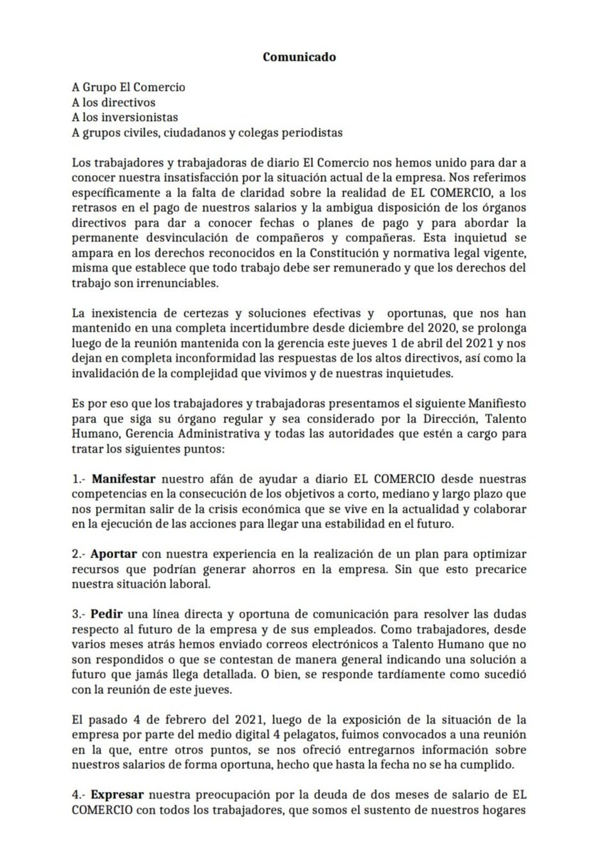 HolguerEC's tweet photo. .#URGENTE colegas de diario @elcomerciocom #ElComercio #Ecuador se cansaron de callar y denuncian la Falta de Pagos. Reducción del 25% de salario. No tienen para pagar el Internet teletrabajo. Ahí está el reflejo de los dueños de medios en este país 
@TiempoRealEC
@CIDH @CorteIDH https://t.co/HCuBtZePyZ
