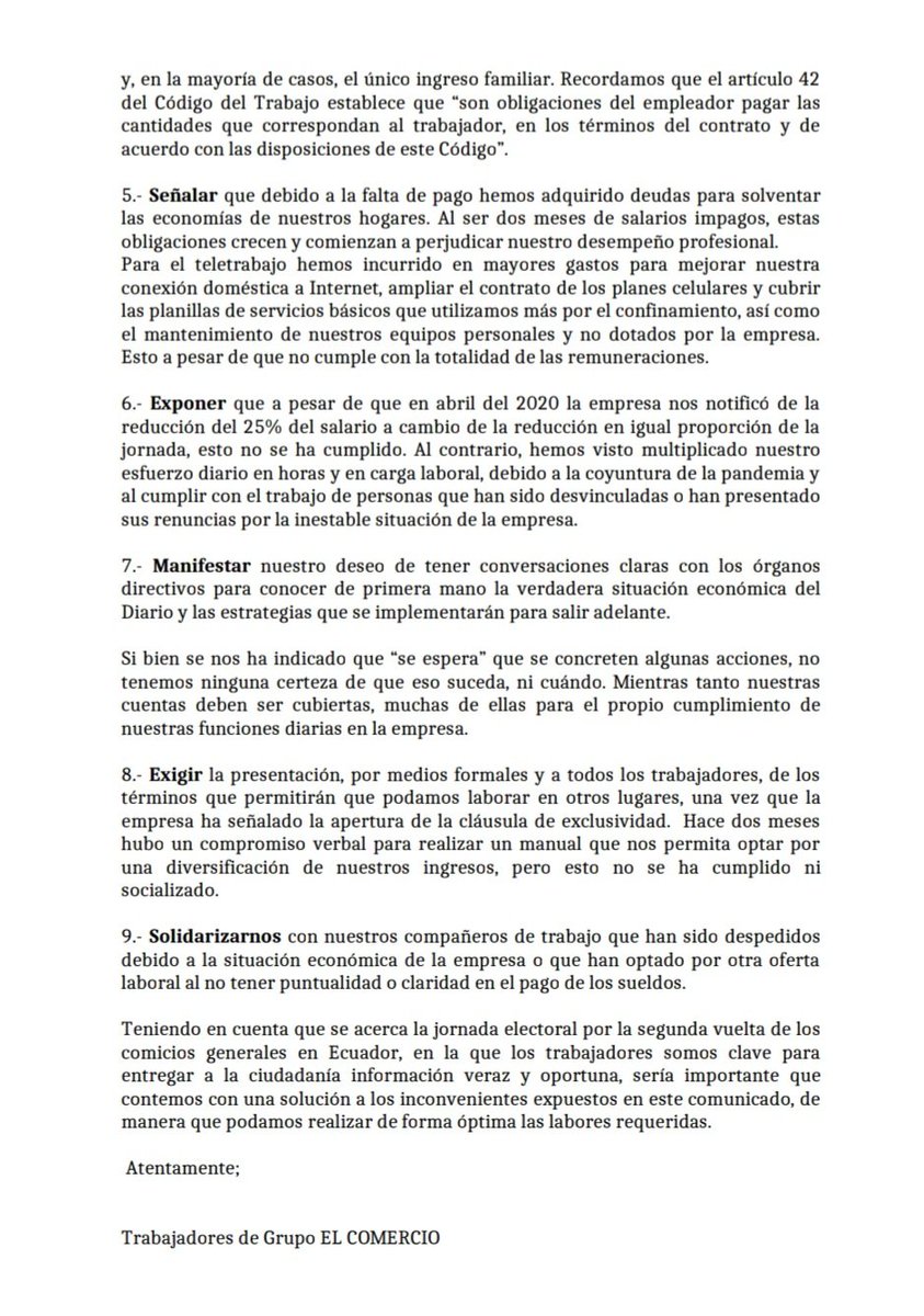 HolguerEC's tweet photo. .#URGENTE colegas de diario @elcomerciocom #ElComercio #Ecuador se cansaron de callar y denuncian la Falta de Pagos. Reducción del 25% de salario. No tienen para pagar el Internet teletrabajo. Ahí está el reflejo de los dueños de medios en este país 
@TiempoRealEC
@CIDH @CorteIDH https://t.co/HCuBtZePyZ