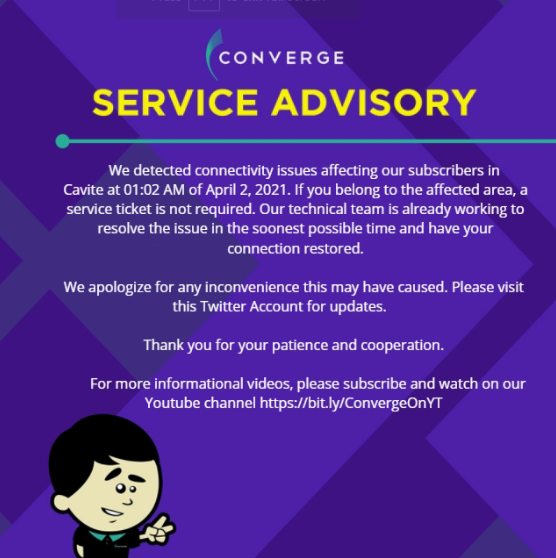 ConvergeSupport's tweet photo. We detected connectivity issues affecting our subscribers in Cavite at 01:02 AM of April 2, 2021. https://t.co/AnT6FTng1o