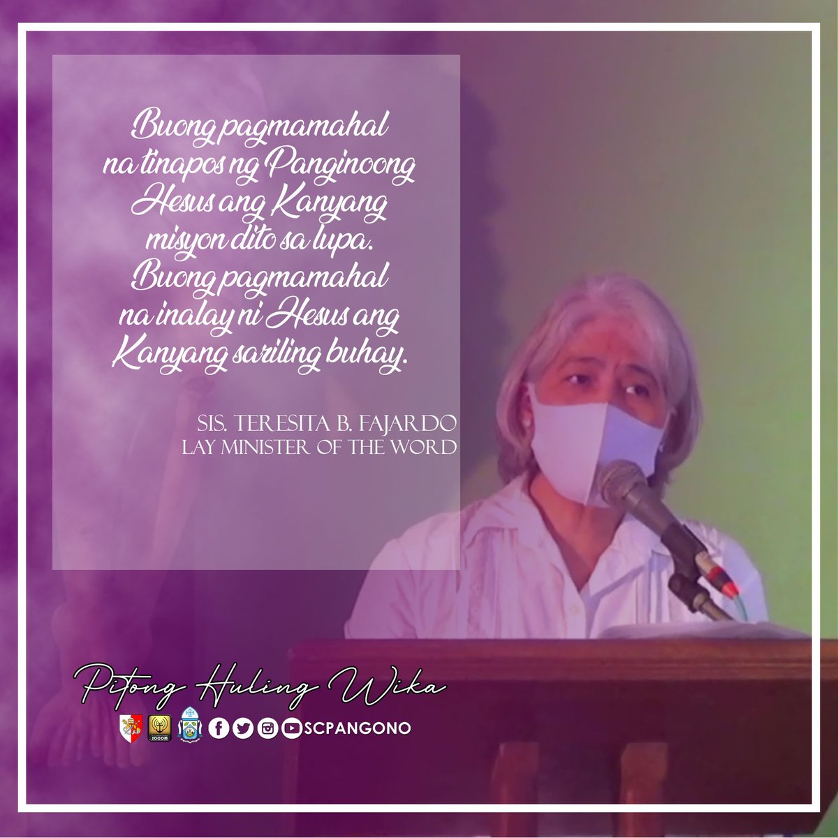 sclementeangono's tweet photo. IKA-ANIM NA WIKA
"Naganap na." -Juan 19:30

Pagninilay: Sis. Teresita B. Fajardo

#Lent2021
#Covid19
#SCPAngono
#Antipolensis https://t.co/dCoy6d5Ssd