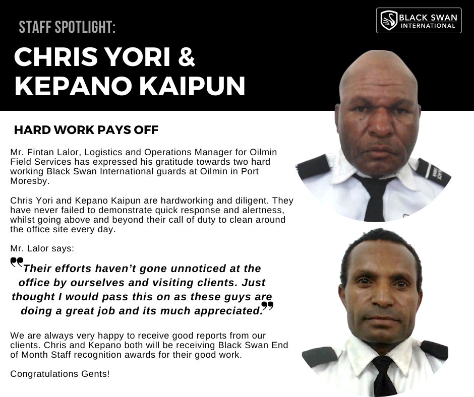 BlackSwanInter1's tweet photo. We are always very happy to receive good reports from our clients. Chris and Kepano both will be receiving Black Swan End of Month Staff recognition awards for their good work. 

Congratulations Gents! https://t.co/RdF0FckFzv