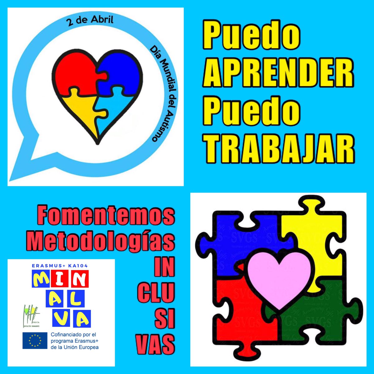 adultoshuesca's tweet photo. Día Mundial del #Autismo. #2abril 
#puedoaprenderpuedotrabajar 
Gracias a #Minalva, nuestro proyecto #erasmusplus nos formaremos en #metodologíasinclusivas para ofrecer aprendizajes de calidad a todo tipo de alumnado. 
@sepie_gob @EPALE_ES @EPAAragon @erasmusaragon @fadultos https://t.co/Ohtqy0Q3id