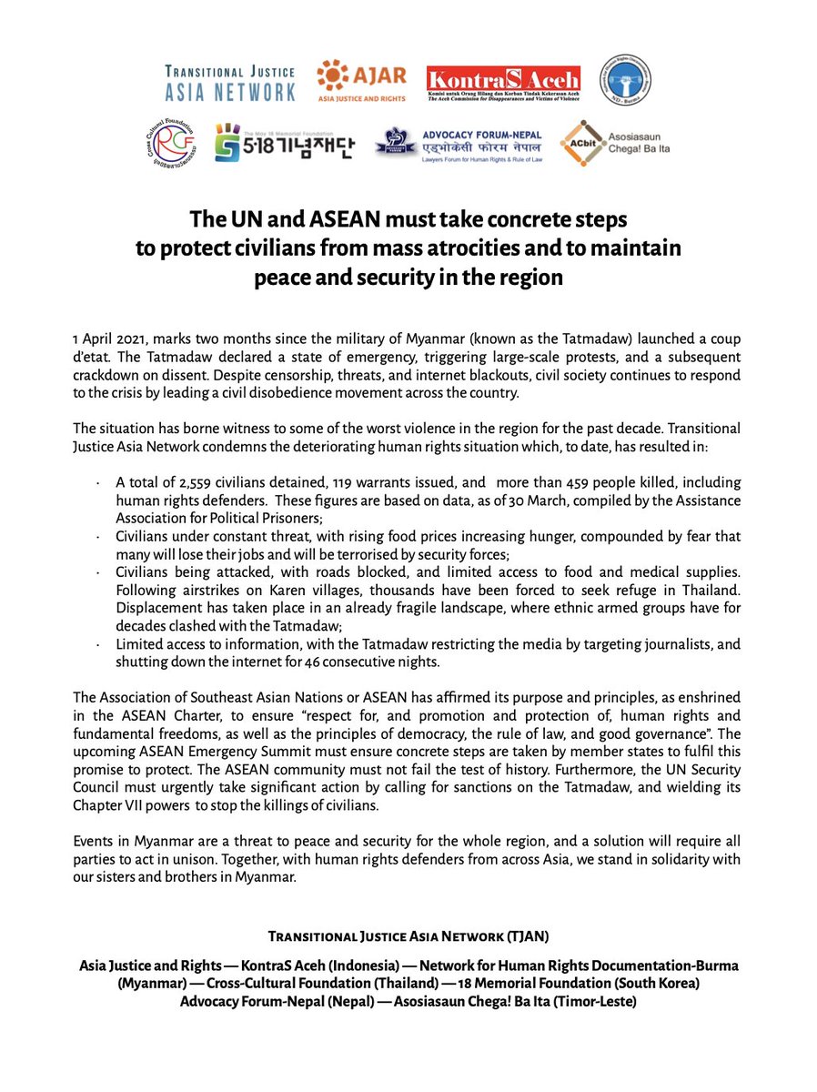 asia_ajar's tweet photo. #TransitionalJusticeAsiaNetwork condemns the deteriorating human rights situation in #Myanmar which has borne witness to some of the worst violence in the region for the past decade.
#UN, #ASEAN must ensure concrete steps are taken to protect civilians from mass atrocities. https://t.co/Q7uCbY7X1z