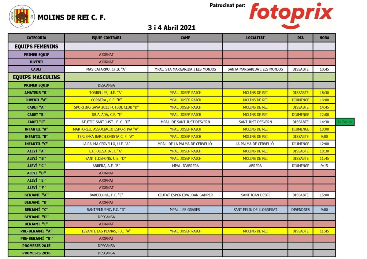 molinscf's tweet photo. #CalendariPartits |
📅2-3-4 abril
⚽Que rodi la pilota!
👉Els nostres equips juguen tot i la Setmana Santa
‼️L' Amateur "B" debuta en Lliga al Raich
‼️El Benjamí "A" juga contra @FCBmasia a la CE Joan Gamper
⠀
ℹ️Tots els partits com a locals oberts al públic seguint protocol https://t.co/BCHeIQuBe1
