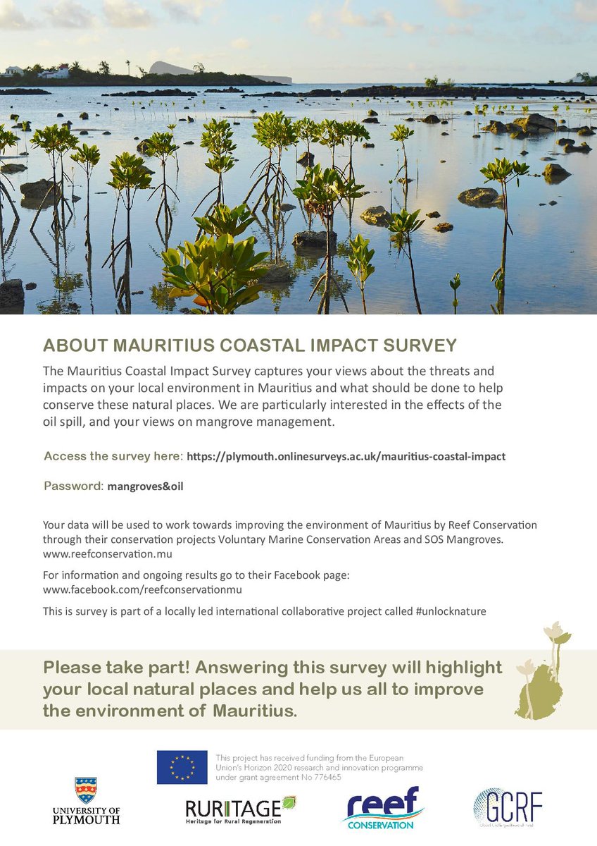 Reef Conservation is doing a #coastal  impact survey 🏝️🌊on the threats and impacts on local environment,  effects of the #oilspill and on mangrove management. You can take part in the survey here 👇
plymouth.onlinesurveys.ac.uk/mauritius-coas… 
Password: mangroves&amp;oil.
#ClimateTargets #ClimateAction