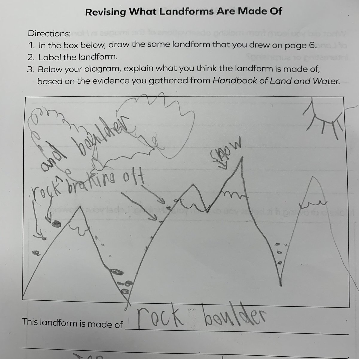 missnoriscience's tweet photo. Landforms are made of rock. Activating prior knowledge, using models/diagrams! @Amplify #NGSS_tweeps #ngss #Grade2Scientists https://t.co/jw7FYhjAVV
