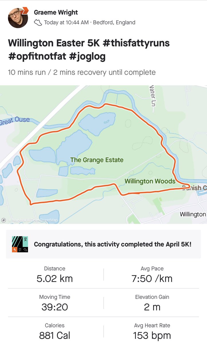 redleaderwright's tweet photo. The best Easter present yet...
My fastest 5k EVER. It might only be by nine seconds. It’s still the fastest and I am chuffed to bits. 10 mins run / 2 mins recovery. First km at 7:00 pace.
Mind blown! #thisfattyruns #opfitnotfat #joglog #ukrunchat https://t.co/qypyGhF9u3
