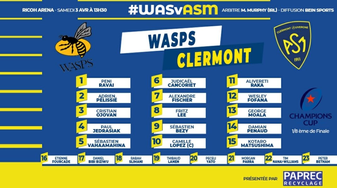BordOvergnats's tweet photo. Ce n'est pas un poisson d'avril, @sebbezy sera titulaire à la mêlée pour l'@ASMOfficiel 💛💙 face à @d_jrobson des @WaspsRugby 🐝
#ChampionsCup #WASvASM #YellowArmy #compoASM #bordovergnats https://t.co/bAWwsyefiy