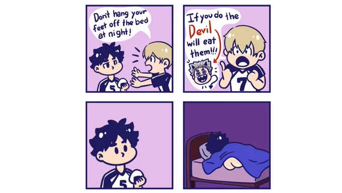 Don't hang your feet off the bed at night, Devil will eat them! ? #bokuaka 