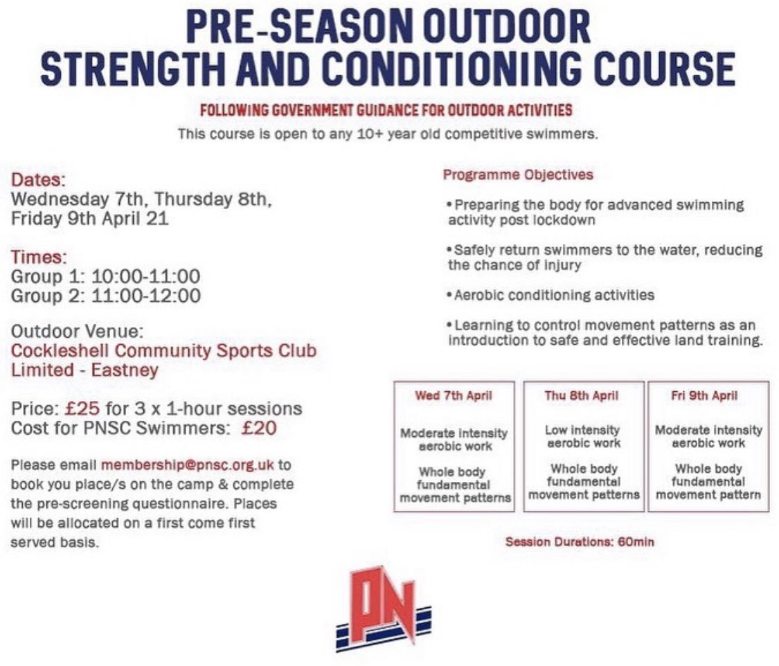 💪🏻 Book your place on the <a href="/PortsNorthseaSC/">Portsmouth Northsea SC</a> outdoor pre-season strength &amp; conditioning course next week 💪🏻                                        
🏊🏼‍♂️Places going fast!🏊‍♀️ All 10+ aged competitive swimmers welcome. Dates: 7th, 8th &amp; 9th April. To book email: membership@pnsc.org.uk