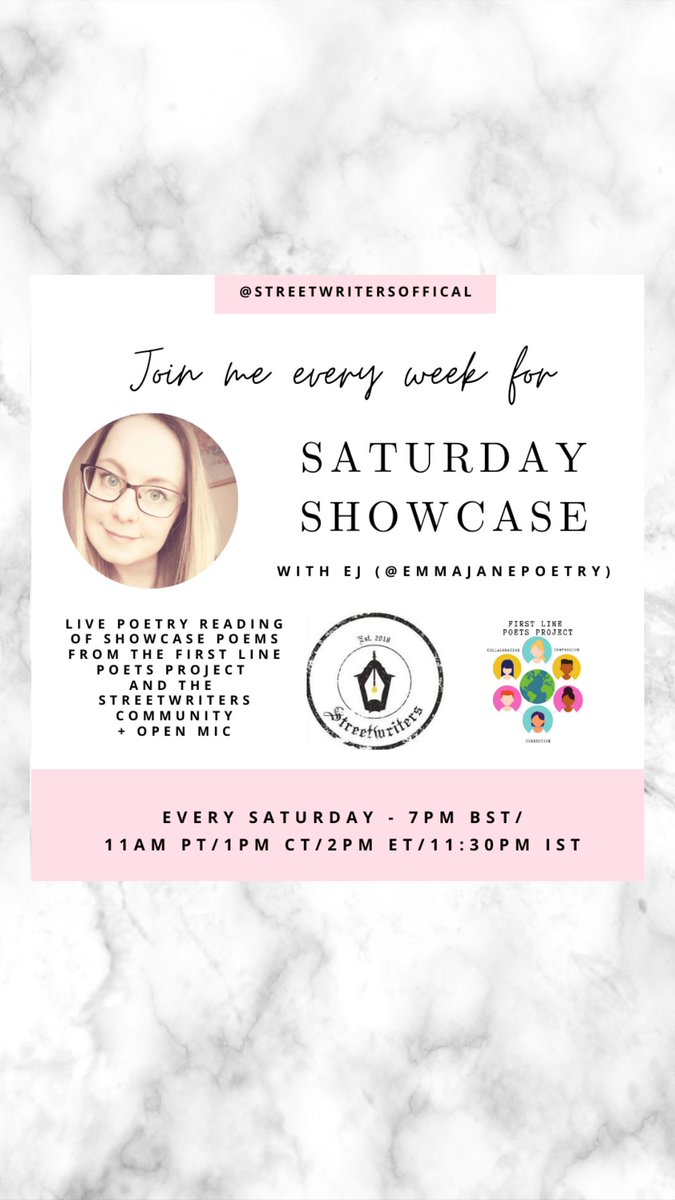 EmmaJanePoetry's tweet photo. I am now a live reader for @StreetwritersCo on Instagram. Join me every Saturday night, from the 10th of April, reading poetry from my project First Line Poets & the Streetwriters community.
https://t.co/KJbLFGAcsQ
#emmajanepoetry #streetwriters #livereader #livepoetry https://t.co/d8kjfpFegS